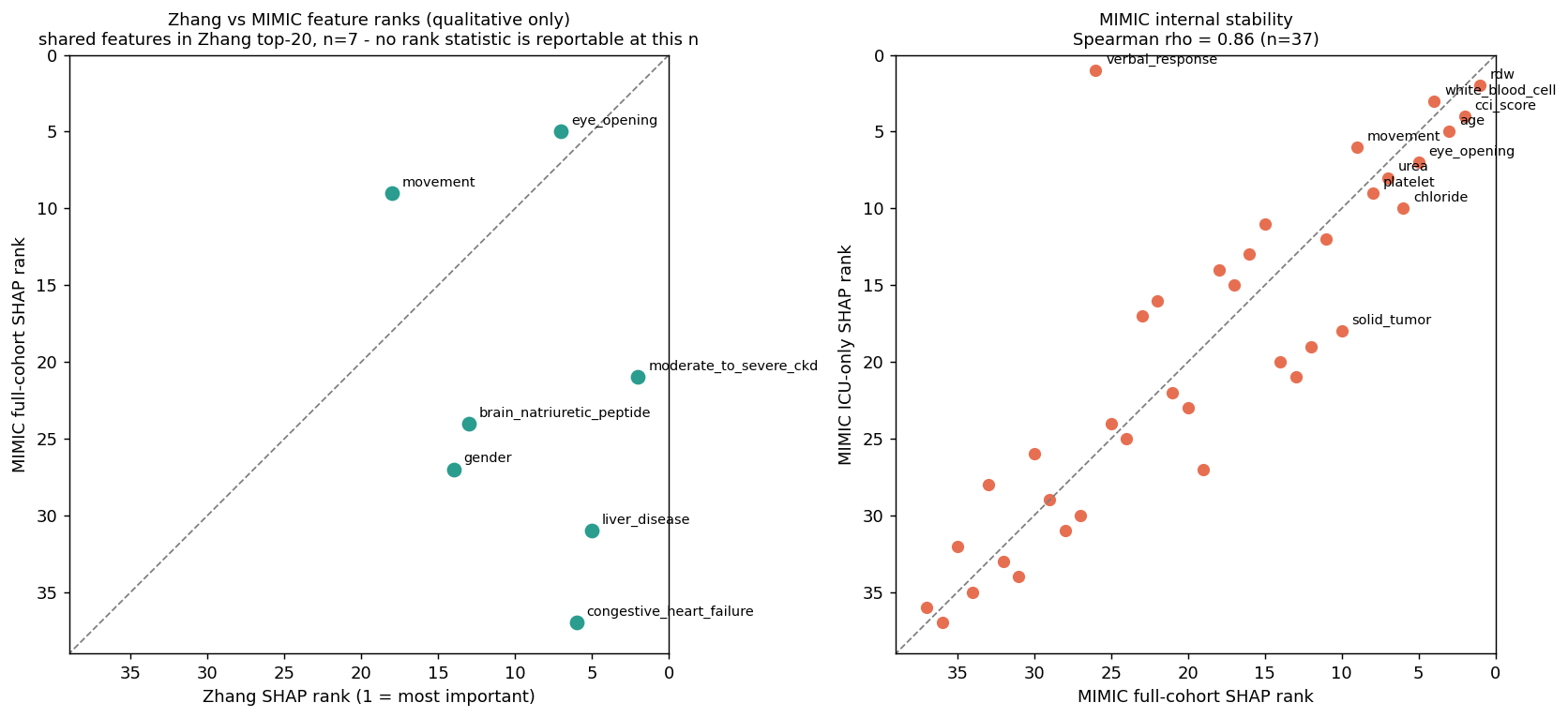 Scatter of feature rank positions in the Zhang and MIMIC-IV SHAP rankings